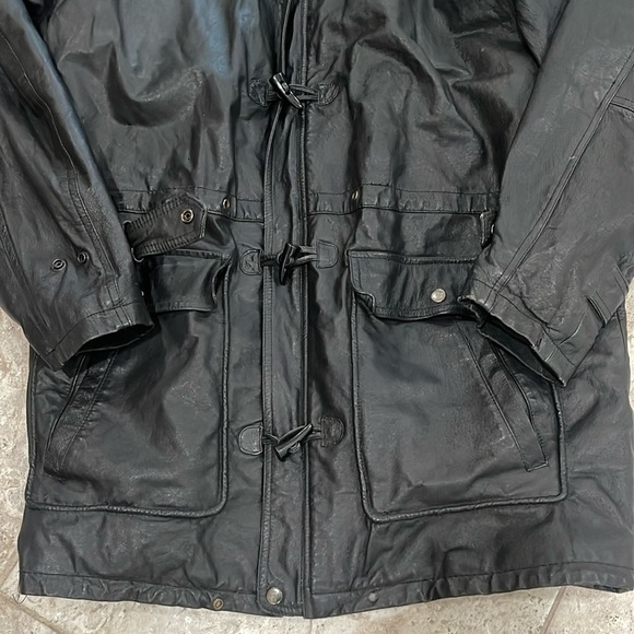 Teco men’s black Leather Jacket size XL biker 90s trench coat - Picture 4 of 16